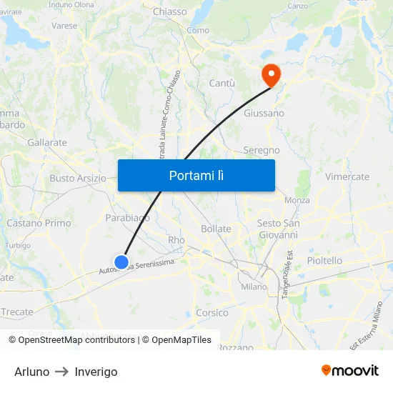Arluno to Inverigo map