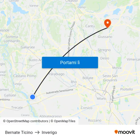 Bernate Ticino to Inverigo map