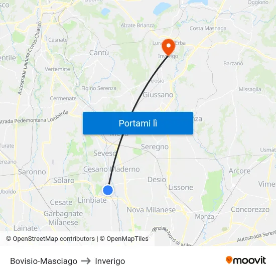 Bovisio-Masciago to Inverigo map