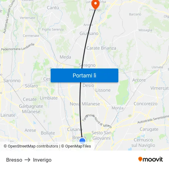Bresso to Inverigo map
