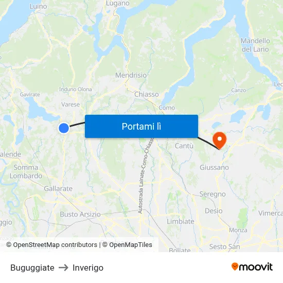 Buguggiate to Inverigo map