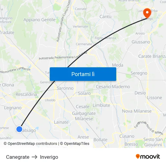 Canegrate to Inverigo map