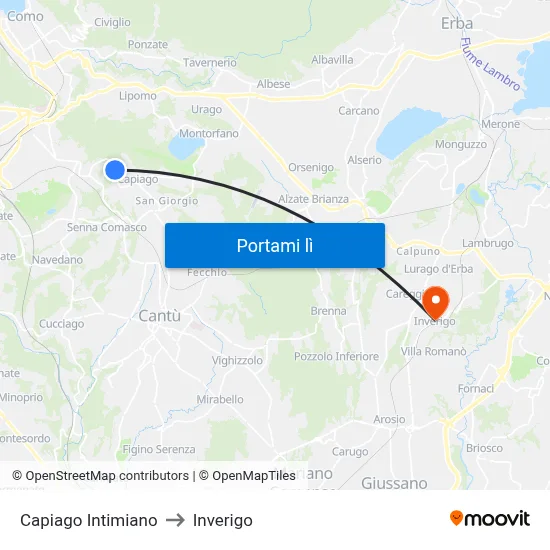 Capiago Intimiano to Inverigo map