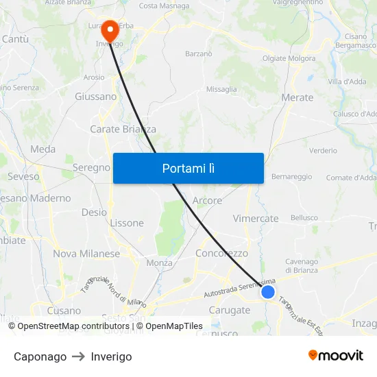 Caponago to Inverigo map