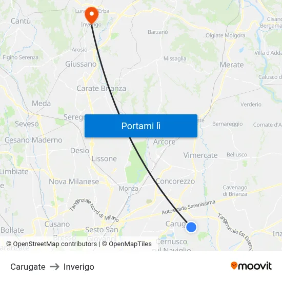 Carugate to Inverigo map
