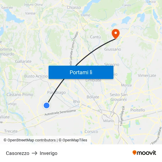 Casorezzo to Inverigo map
