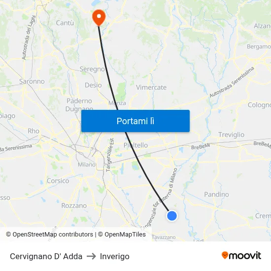 Cervignano D' Adda to Inverigo map