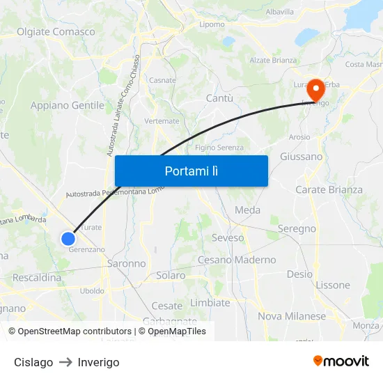 Cislago to Inverigo map