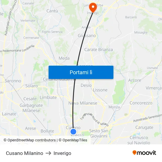 Cusano Milanino to Inverigo map