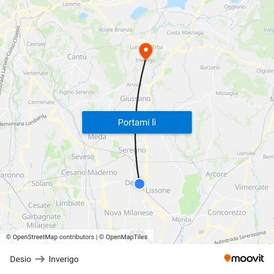 Desio to Inverigo map