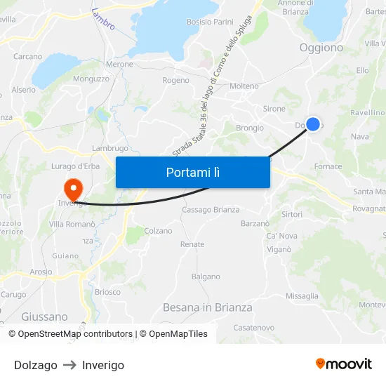 Dolzago to Inverigo map