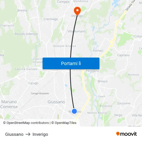 Giussano to Inverigo map