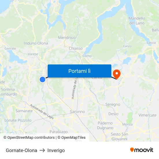 Gornate-Olona to Inverigo map