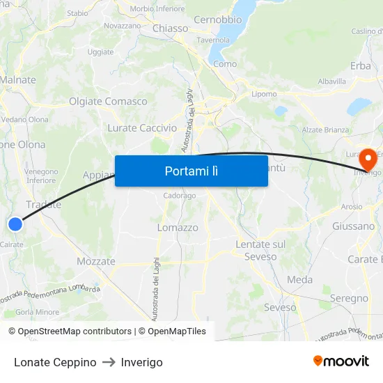 Lonate Ceppino to Inverigo map
