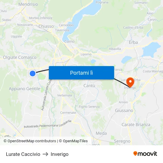Lurate Caccivio to Inverigo map
