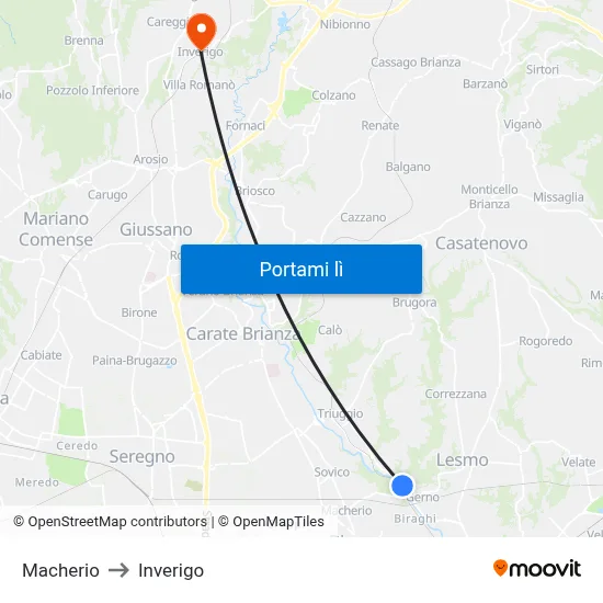 Macherio to Inverigo map