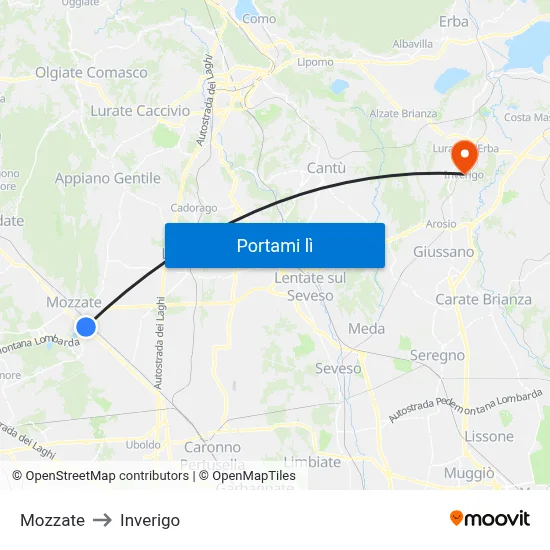 Mozzate to Inverigo map