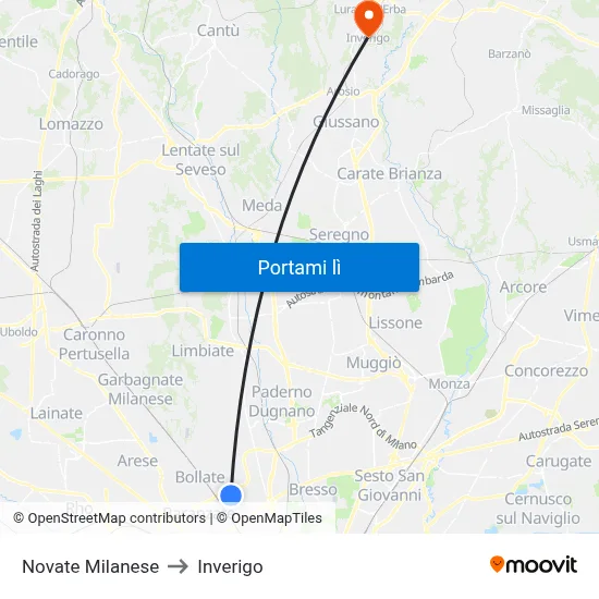 Novate Milanese to Inverigo map