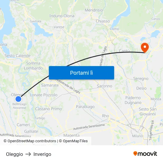 Oleggio to Inverigo map