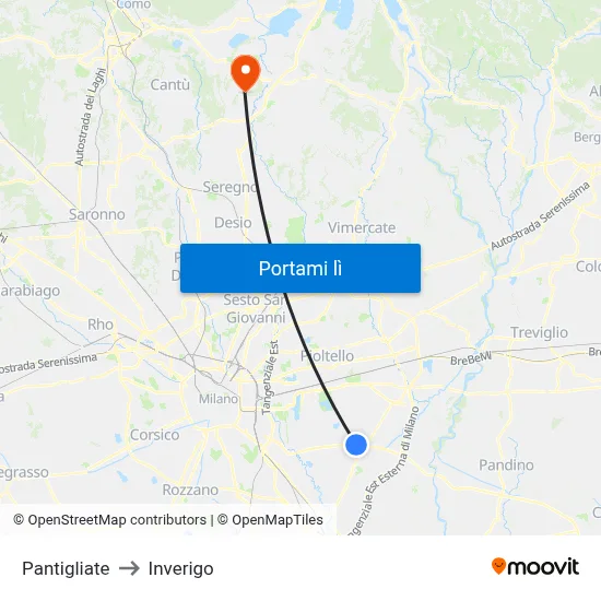 Pantigliate to Inverigo map