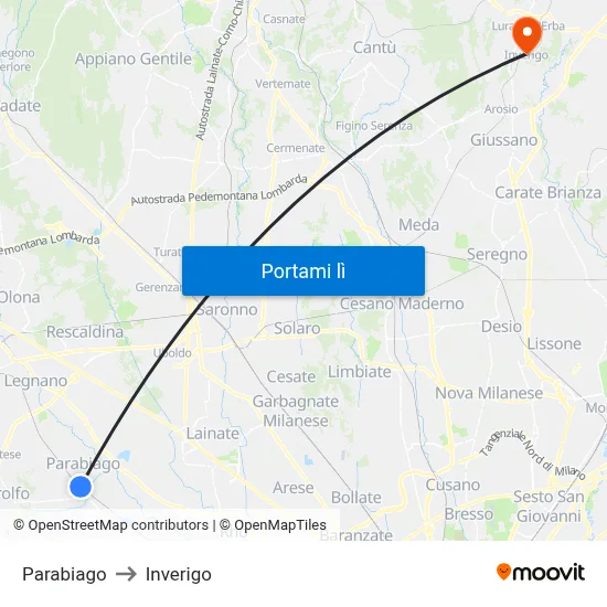 Parabiago to Inverigo map