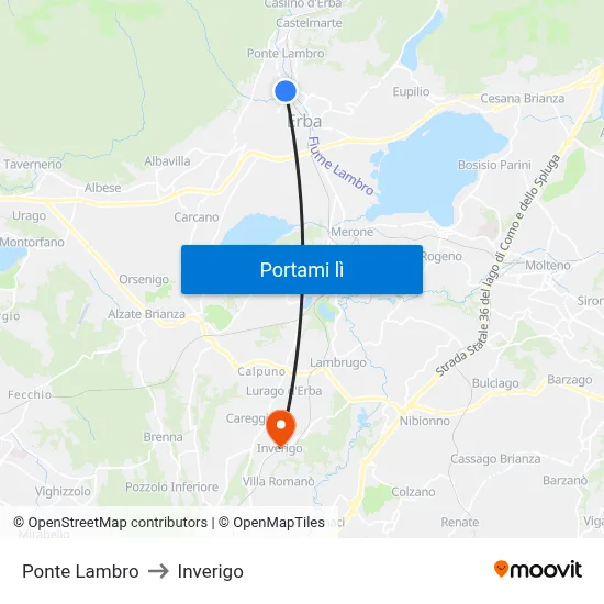Ponte Lambro to Inverigo map