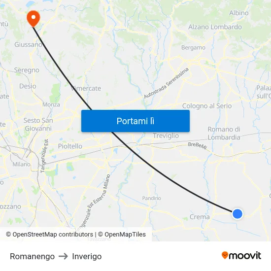 Romanengo to Inverigo map