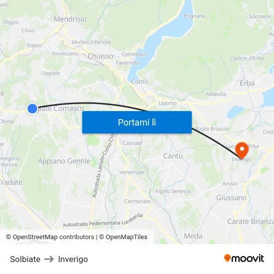 Solbiate to Inverigo map