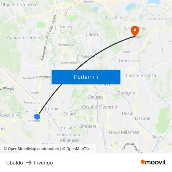 Uboldo to Inverigo map