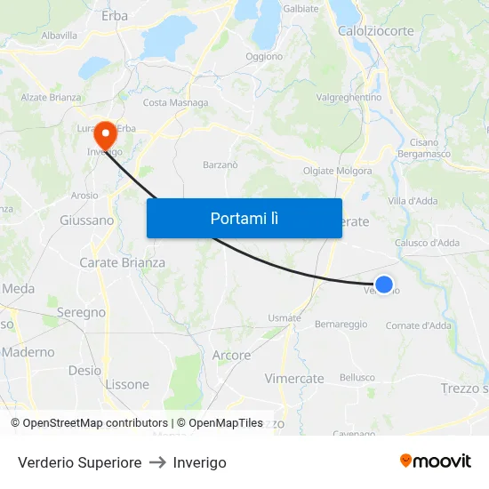 Verderio Superiore to Inverigo map