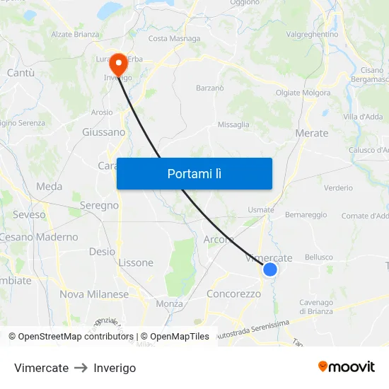 Vimercate to Inverigo map