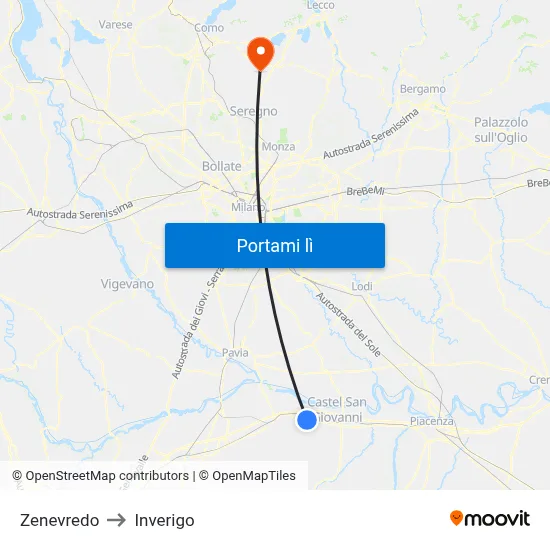 Zenevredo to Inverigo map