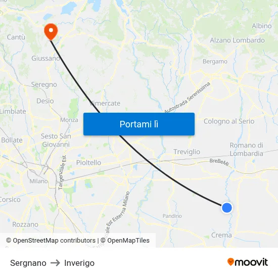 Sergnano to Inverigo map