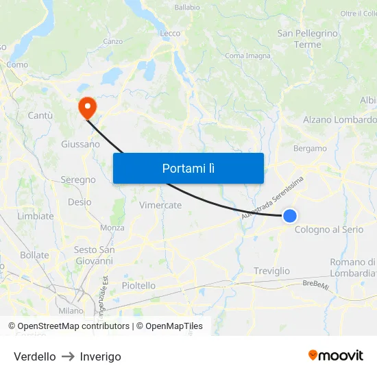 Verdello to Inverigo map