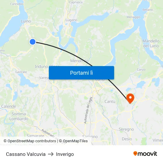 Cassano Valcuvia to Inverigo map