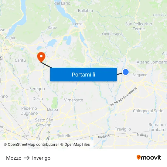 Mozzo to Inverigo map