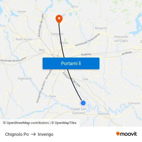 Chignolo Po to Inverigo map