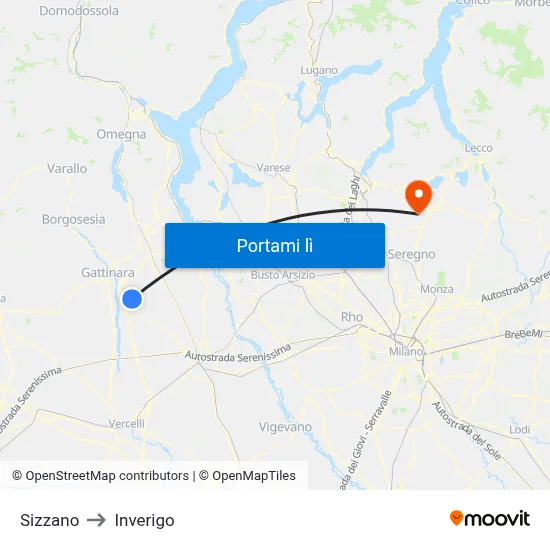 Sizzano to Inverigo map