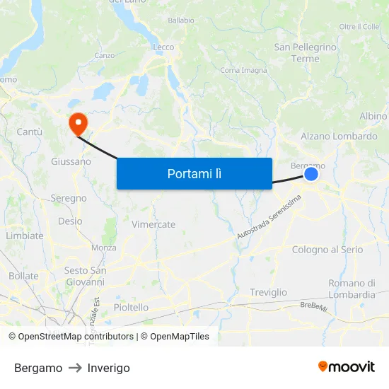 Bergamo to Inverigo map