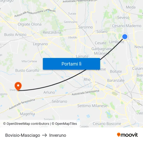 Bovisio-Masciago to Inveruno map