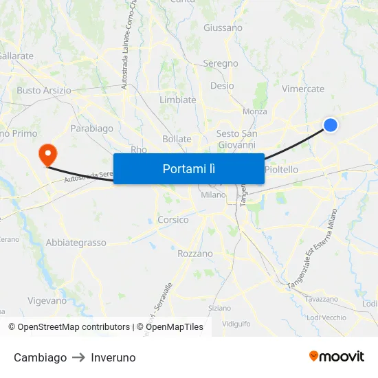 Cambiago to Inveruno map