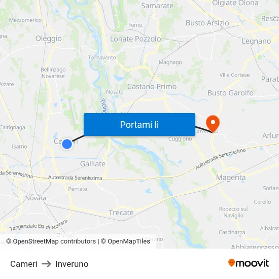 Cameri to Inveruno map