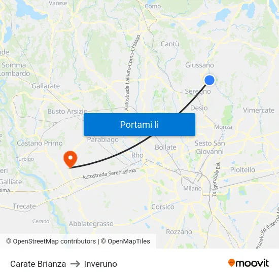 Carate Brianza to Inveruno map
