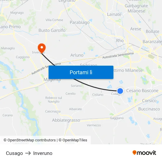 Cusago to Inveruno map