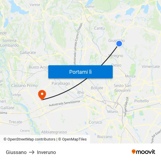 Giussano to Inveruno map