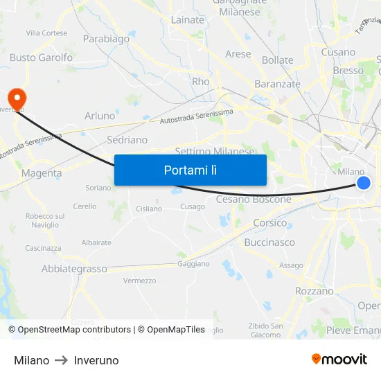 Milano to Inveruno map