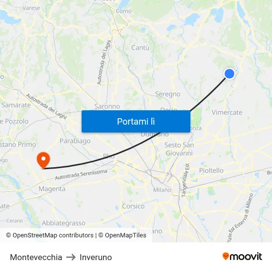 Montevecchia to Inveruno map