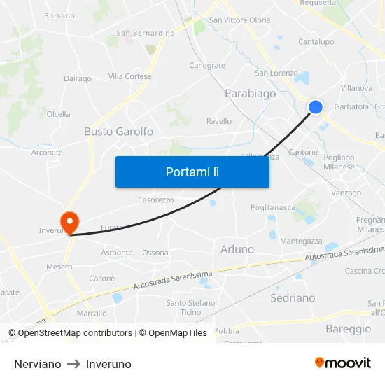 Nerviano to Inveruno map