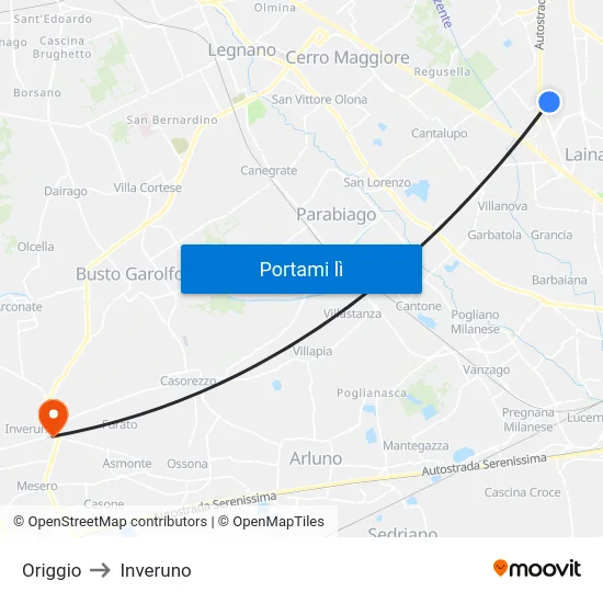 Origgio to Inveruno map