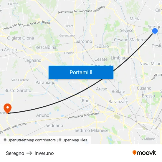 Seregno to Inveruno map